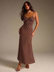 Athîral Women's Casual Polka Dot Brown And White Polka Dot Patchwork Asymmetric Spaghetti Strap Dress, Flowy Elegant Dress Brunch Vacation Summer - Brown - View 1