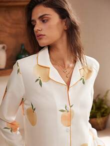 Rosleepa Women's Fruit Print Long Sleeve Single-Breasted Top And Pants Pajama Set - White - View 4