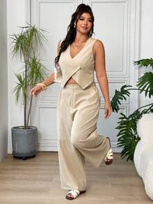 SHEIN EZwear Beige Casual Elegant Women's Plus Size Single Button Vest And Pants Set Brunch Formal Vacation Summer - Apricot - View 5