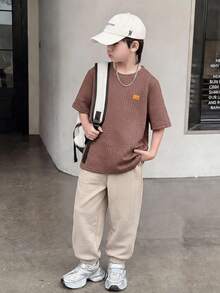 SHEIN 2件組青少年男孩休閒極簡字母印花圓領套頭上衣套裝，適合夏季 - 彩色 - 查看 9