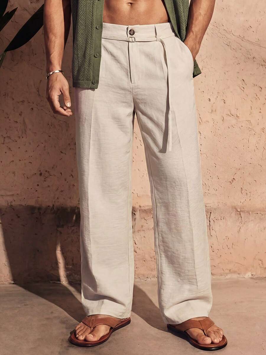 HIMLAND 男士素色腰部鈕扣設計休閒長褲