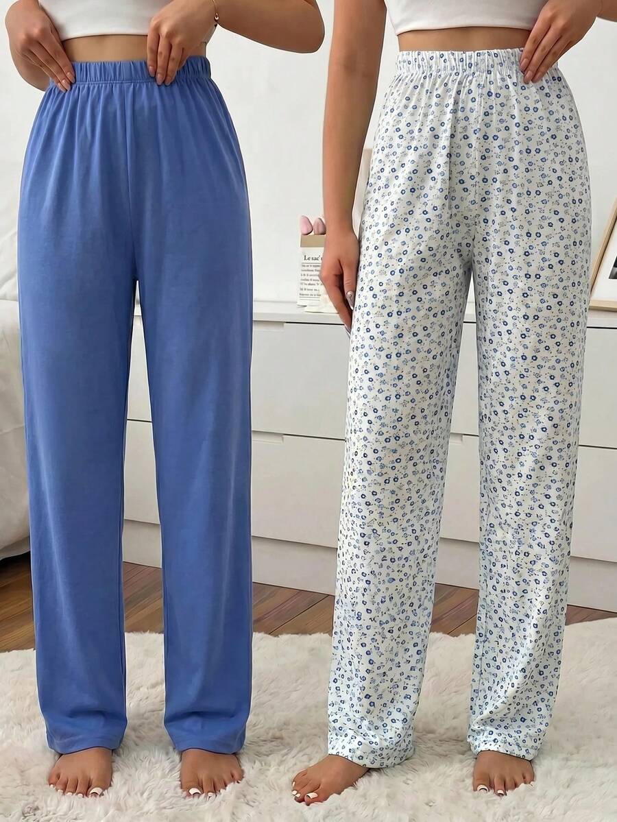 SHEIN Cotton Line 女款花卉印花高腰休閒舒適睡褲 2 件組 – 多色 - 彩色 - 查看 1