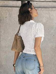 SHEIN PariChic Women's French Elegant Lace Short Sleeve Blouse, All-Season Versatile Stand Collar Frog Button Top, Slightly Sheer Crochet Lace Fabric, Slim Fit Cropped Hem, Vintage Style Design; Suitable For Office Commute, Daily Wear, Casual Outings And Weekend Outfits, Easily Paired With Jeans, Casual Pants And Skirts - White - View 2