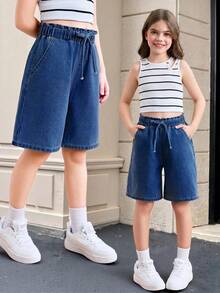 SHEIN Tween Girl Spring Summer Basic Casual Light Washed High Waisted Loose Fit Ruffle Waist Drawstring Denim Long Shorts With Bowknot And Rolled Hem Pockets, Summer Beach Boho Vacation Comfortable , Summer Rave Concert Festival College Style - Dark Wash - View 7