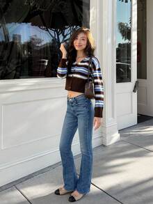 SHEIN Frenchy Cárdigan ligero de mujer casual retro con rayas marrones, cuello en V, manga larga, abotonado simple, estilo preppy, para volver a la escuela, suéter de otoño e invierno para uso diario - Multicolor - Ver 9