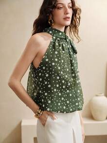 SHEIN Zanirela Women's Top Loose Flowy Chiffon Halter Neck Tie Shoulder Bow Pleated 70s Retro Elegant French Olive Green Polka Dot Blouses Holiday Brunch Summer - Army Green - View 7