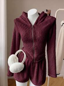 SHEIN EZwear 女款新款純色拉鍊時尚百搭連帽夾克 - 酒紅色 - 查看 4