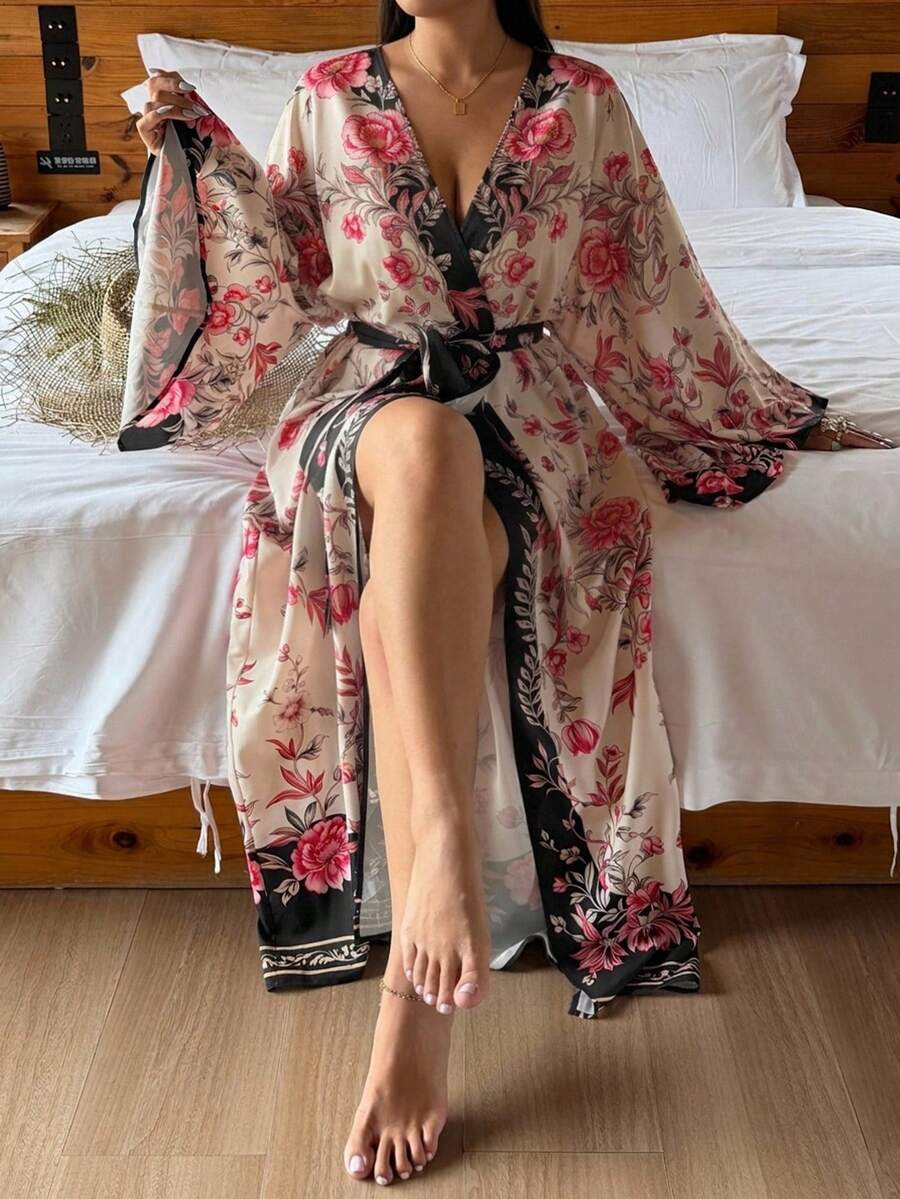 Dazy Plus Floral Print Loose Long Cardigan Robe With Tie Waist, Elegant Loungewear Outerwear Fall - Coral Pink - View 1