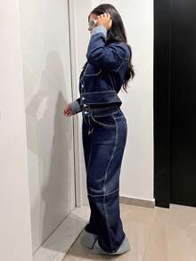Jeanoix Jaket Denim Kasual Lengan Panjang Kancing Tunggal Ukuran Besar untuk Wanita dengan Kantong Serbaguna - Dark Wash - View 5