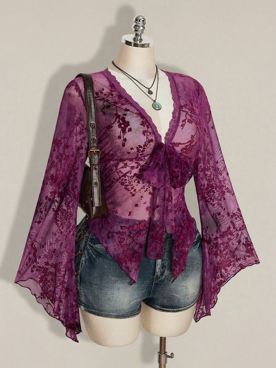 SHEIN ICON 女款大尺碼復古優雅哥德風性感時尚千禧Y2K新中式蕾絲拼接喇叭袖萬聖節深紫色秋季