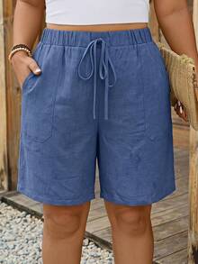 Comfylo Plus Size Women's Drawstring Waist Pockets Comfortable Casual Shorts, Suitable For Beach Vacation, Airport Leisure, Summer Travel And Other Occasions, Blue Color Suitable For Summer - Blue - View 1
