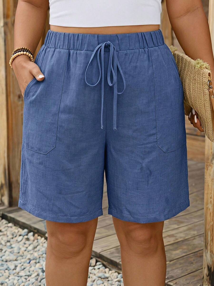 Comfylo Plus Size Women's Drawstring Waist Pockets Comfortable Casual Shorts, Suitable For Beach Vacation, Airport Leisure, Summer Travel And Other Occasions, Blue Color Suitable For Summer - Blue - View 1