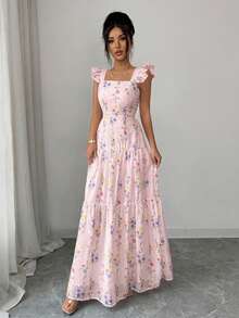 SHEIN Elenzya 女士碎花褶皱腰身连衣裙，适合通勤、外出、野餐、情人节约会、水疗度假村、海滩派对、旅行休闲等场合。 - 淺粉色 - 查看 5