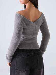 LYSMO كنزة نسائية كاجوال بلون موحد، خريف/شتاء - رمادي - مشاهدة 2