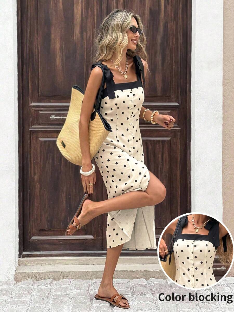 Serisse Gaun Midi Camisole Motif Polkadot untuk Liburan Wanita