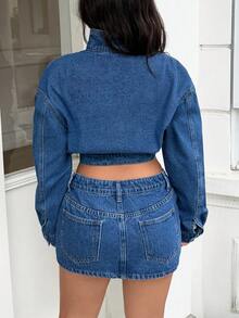 Rivivi Women's Fashion Funnel Neck Zipper Jacket & Skirt Washed Denim Set - Medium Wash - View 2