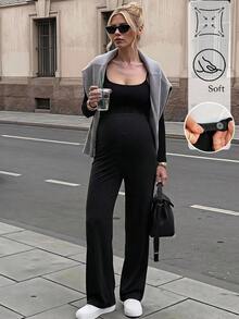 SHEIN Celana Panjang Hamil Kasual Serbaguna Warna Polos Model Lurus - Hitam - View 1