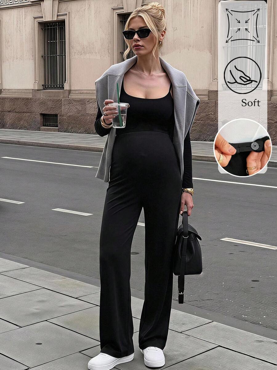 SHEIN Celana Panjang Hamil Kasual Serbaguna Warna Polos Model Lurus - Hitam - View 1