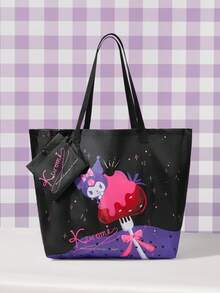HELLO KITTY AND FRIENDS | SHEIN 1件時尚輕便可折疊印花圖案托特包，購物袋，便攜式單肩包，卡片收納袋，適用旅行與購物等 - 多色-黑紫色 - 查看 1