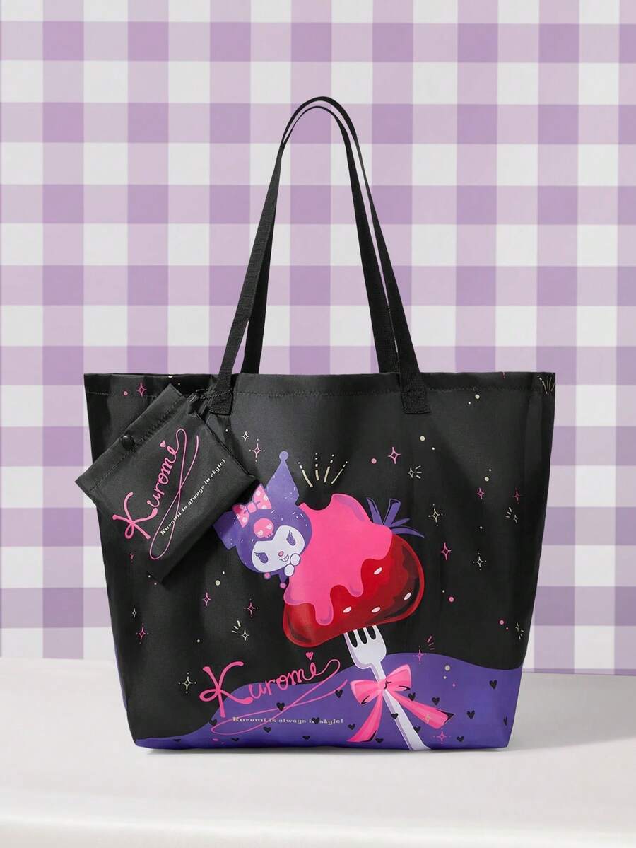 HELLO KITTY AND FRIENDS | SHEIN 1件時尚輕便可折疊印花圖案托特包,購物袋,便攜式單肩包,卡片收納袋,適用旅行與購物等 - 多色-黑紫色 - 查看 1