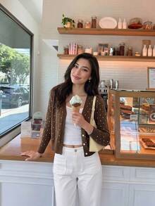 SHEIN Frenchy 女款波點圖案長袖單排扣珍珠鈕扣針織開襟衫 - 棕色 - 查看 5