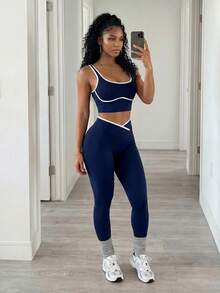 BamGleam Conjunto deportivo sin costuras con bloques de color para mujer - Azul Marino - Ver 2