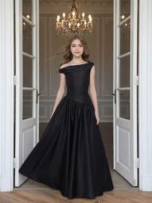 Wedding Season Girls' Premium Satin Asymmetrical Shoulder Asymmetrical Patchwork Hem Short Sleeve Long Dress For Prom, Performance, Birthday Party, Banquet, All Seasons - Black - View 1
