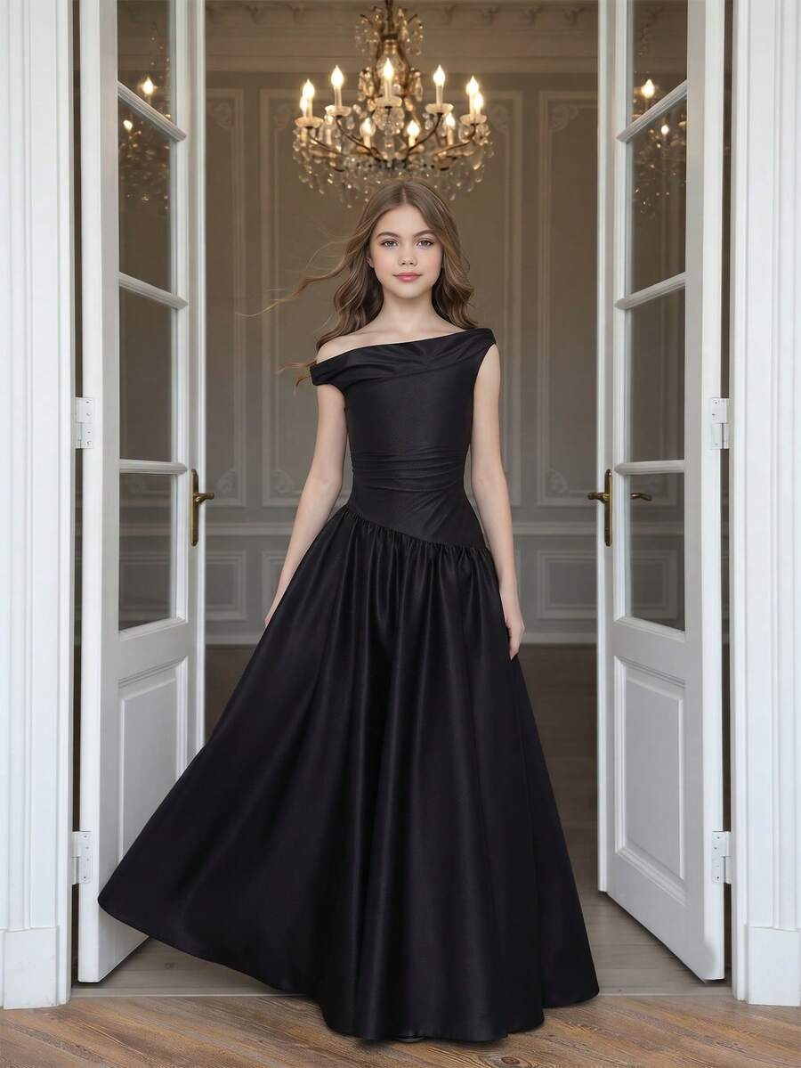 Wedding Season Girls' Premium Satin Asymmetrical Shoulder Asymmetrical Patchwork Hem Short Sleeve Long Dress For Prom, Performance, Birthday Party, Banquet, All Seasons - Black - View 1
