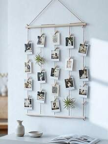 Haus Hana Solid Wood Photo Rack, Popular Hemp Rope Photo Wall, With 20 Bamboo Clip Wall Decorations, Double-Layer Rural Wooden Floating Rack, Bohemian Style Wall Decoration Set, Minimalist Woven Wall Hanging, Bohemian Woven Storage Board Tapestry Hanger - Multicolor - View 1