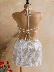 Soleia Plus Size Women's 3D Ring Decor Sequin Halter Tie Dress - Apricot - View 2