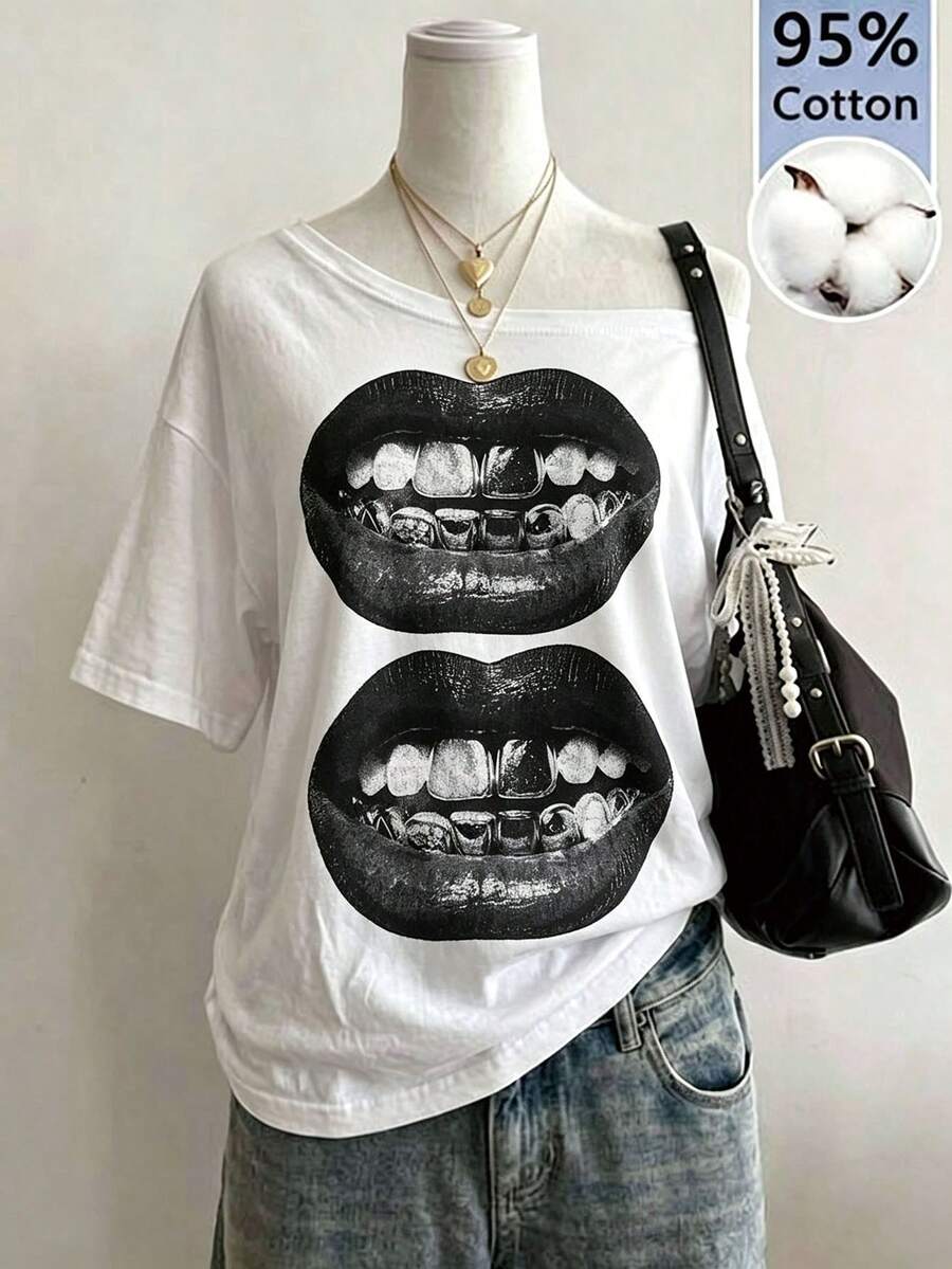 SHEIN EZwear 女款 95% 棉露肩 T-shirt,黑白肖像 + 唇印圖案,Y2K 街頭風,返校季 - 白色 - 查看 1