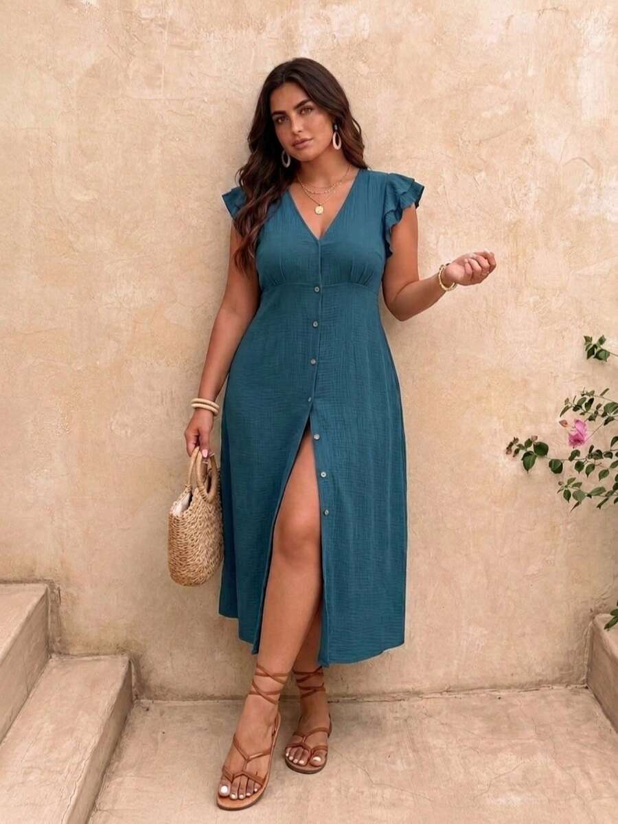 SHEIN Frenchy 大码优雅V领叠层短袖度假连衣裙 - 藍色 - 查看 1