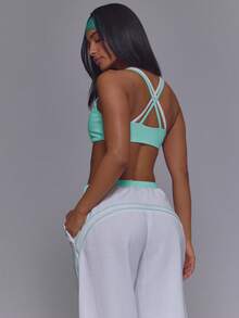 Musera Sport Strappy Double Layered Logo Scoop Neck Cross Back Sports Active Bra Coord Top Only Cute Vintage Y2K Gym Pilates Running Daily Vintage Active - Aqua Blue - View 4