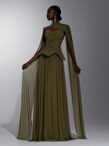 Elitara Women's Elegant Romantic Queen Luxurious Beaded Diamond Strapless Full Skirt Ruched Evening Dress Formal Prom Night Party Gala Olive Green Fall - Green - View 6