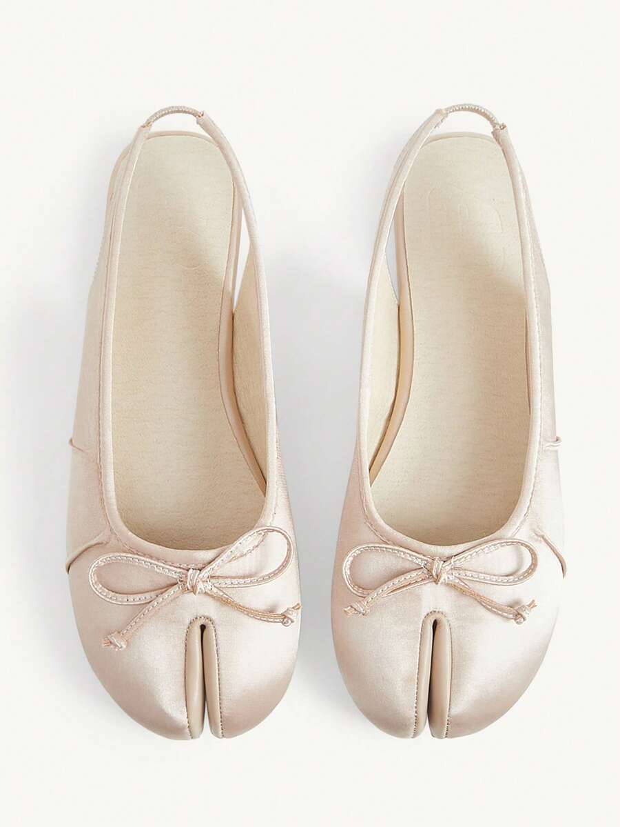 CUCCOO CHICEST Sepatu Balet Wanita Satin Berkerut dengan Pita, Ujung Terpisah, Ujung Bulat, Elegan, Warna Beige, Sepatu Kasual Sehari-hari - Aprikot - View 1