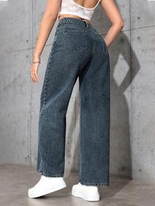 SHEIN ICON Women's Casual Versatile Denim Long Pants With Pockets And Buttons For Daily Wear - Royal Blue - View 2