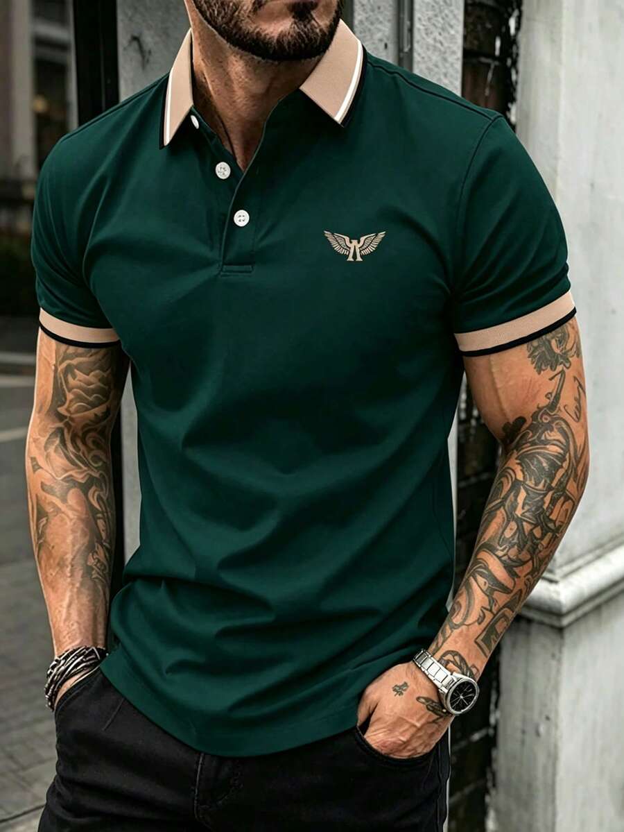 Manfinity Homme Men's Summer Casual Colorblock Patchwork Polo Shirt - Dark Green - View 1