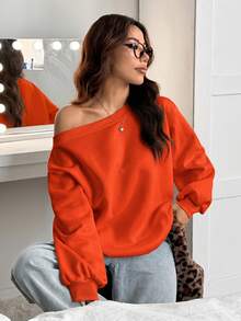 SHEIN EZwear 女款寬鬆白色保暖內裡不對稱肩領衛衣，秋冬款 - 橘色 - 查看 6