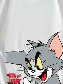 TOM & JERRY X SHEIN 男士休闲卡通猫咪印花圆领短袖T恤，夏季 - 白色 - 查看 6