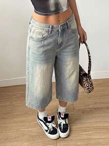 SHEIN Celana Jeans Denim Pendek Kasual Retro Wanita - Medium Wash - View 1