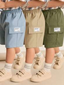 3pcs/Set Kids Boys' Casual Solid Color Loose Fit Elastic Waist Shorts,Versatile For Summer,Daily Wear,School,Leisure,Sports & Spring,Fall,Winter - Army Green - View 3