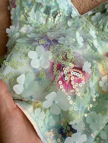 Attitoon Casual Minimalist Daily Versatile All-Match Party Elegant Romantic Vacation Glamorous Vintage, Mint Green Sequin Mesh Floral Watercolor Sequins Textured Fabric, Y2K Top, Birthday, Date, Beach, Vacation, Going Out, Women's Summer - Mint Green - View 5