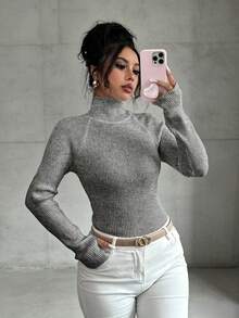 SHEIN Y2K 優雅戶外針織套頭毛衣，適合旅行、通勤、度假與日常穿著 - 灰色 - 查看 5