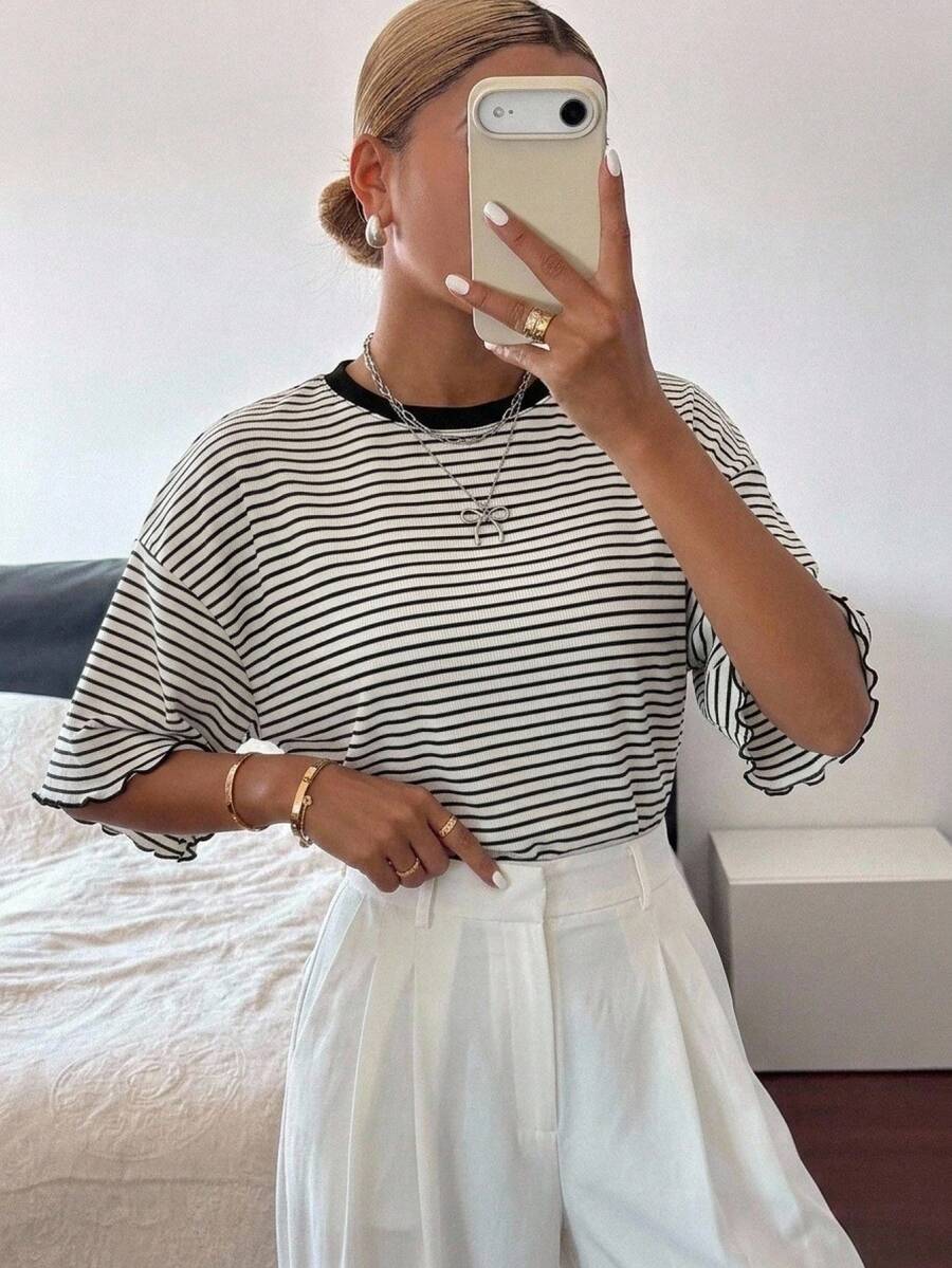 FRIFUL Women's Wavy Striped Loose Contrast Trim Short Sleeve T-Shirt, Summer Casual Wear - Black and White - View 1