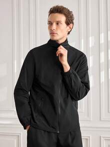 1pc Men's Jacket, Black Stand Collar Mesh Lining Jacket, Lightweight Woven Fabric, Men's Outdoor Functional Minimalist Casual Jacket, Suitable For Daily Commute And Outdoor Activities In Spring, Summer And Autumn - Black - View 5
