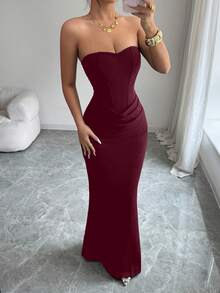Allurite Sommer Neues sexy Kleid, trägerlos mit Kunst-Fischgräten-Linien-Dekor, figurbetontes Meerjungfrau-Langkleid, Taillendrapierung-Design, Hochzeit, Abendessen, Cocktail, elegant - Bordeaux - Übersicht 5