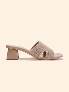 CUCCOO BASICS Ladies Coarse Heel Open Toe Sexy Commuter Fabric Summer Breathable Mules High Heel Sandals Apricot - Apricot - View 2