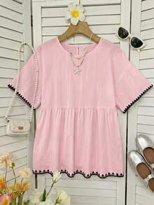 SHEIN EZwear Pink Checkered Linen Woven Women's Shirt With Shell Embroidery Pattern Suitable For Summer Vacation Cute Casual - Baby Pink - View 6