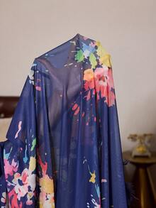 Slumberist Graffiti Oil Painting Floral Feather Patchwork Plus Size Robe, Sheer Mesh Long Beach Night Cover-Up Navy Blue Summer - Navy Blue - View 7