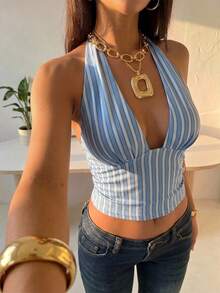 Firerie 女款條紋深V領掛脖露背上衣，休閒極簡條紋上衣，性感深V領女款上衣，休閒女款上衣，掛脖領女款上衣，春夏服飾，優雅，通勤，約會，休閒，音樂節，波西米亞風，度假，波西米亞，海灘，夏威夷 - 藍色 - 查看 7